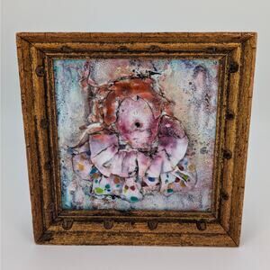 Original Art Mixed Media Clown Enamel Metal on Ceramic Tile Framed VTG Abstract